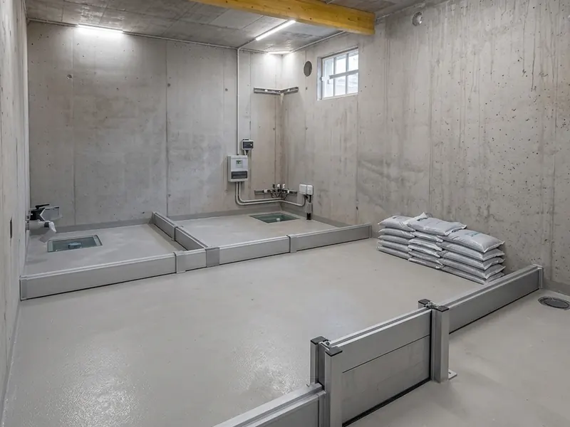 Kellerraum mit fest installierten Schutzbarrieren an den Zugängen, dazu gestapelte Sandsäcke.