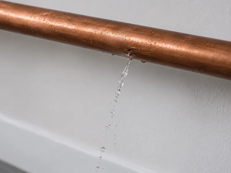 Aus einem Riss in einer Kupferleitung tropft Wasser an einer Wand herunter.