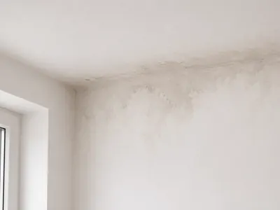 Dunkle Schimmelflecken breiten sich in einer Zimmerecke entlang der Decke aus.