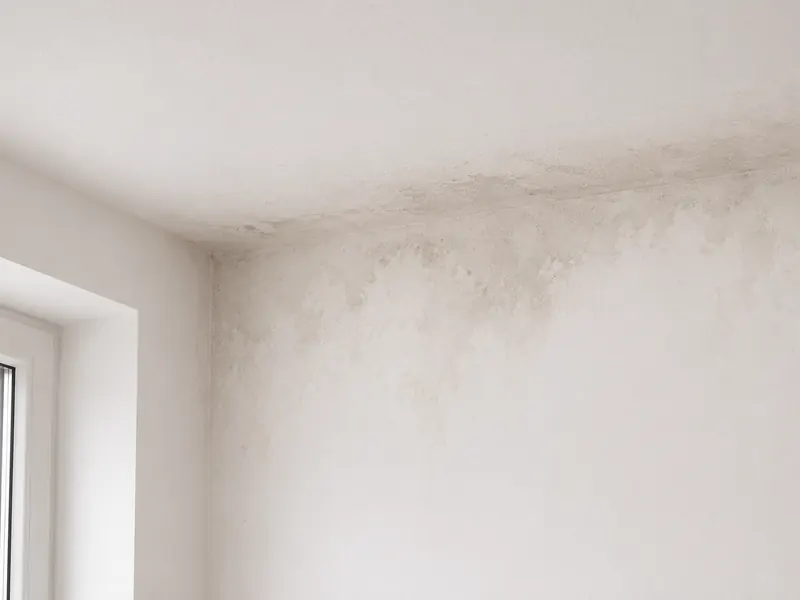 Dunkle Schimmelflecken breiten sich in einer Zimmerecke entlang der Decke aus.