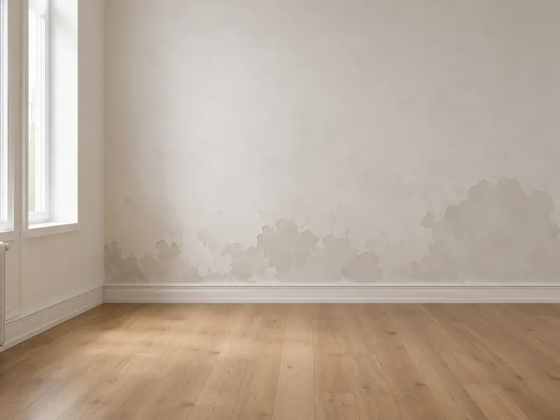 Ausgeräumter Raum mit Parkettboden; an der Wand zeichnen sich großflächige Feuchtigkeitsränder ab.