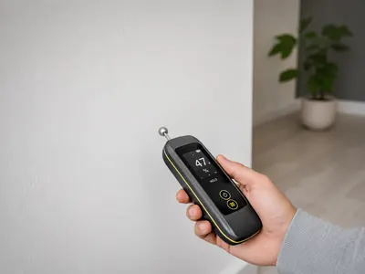 Eine Hand hält ein Feuchtemessgerät an eine Wand; das Display zeigt einen Messwert.