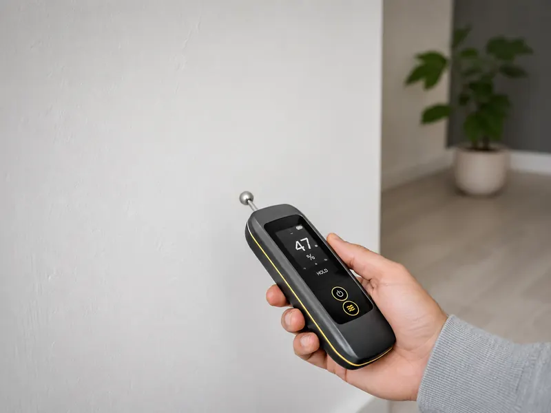 Eine Hand hält ein Feuchtemessgerät an eine Wand; das Display zeigt einen Messwert.